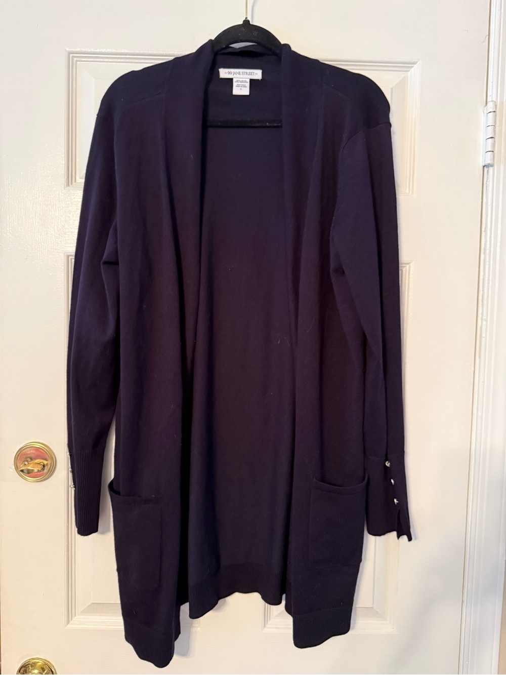 Long Open-Front Black Cardigan with Button-Cuff Detail